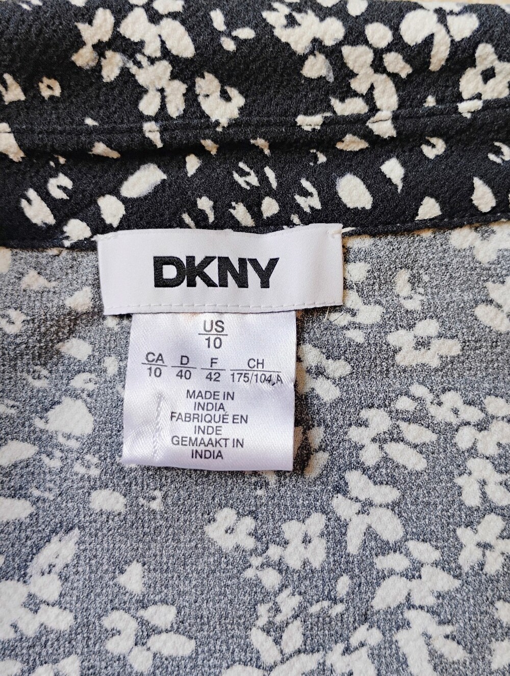 NWT 10 DKNY Black Floral Split V-Neck 3/4 Sleeve Button Front Midi Shirt Dress - Picture 4 of 12